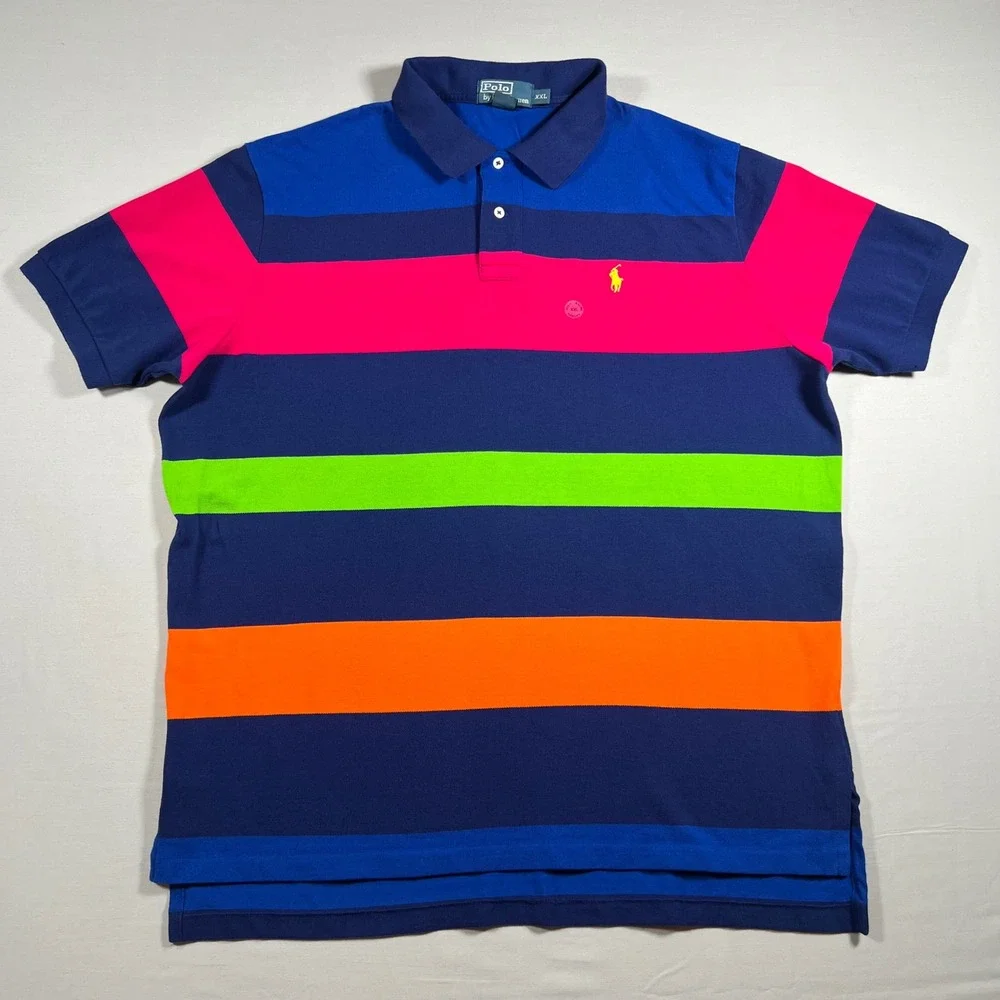 Polo Ralph Lauren Mens XXL Striped Polo Shirt Blue Multicolor Colorblock Rugby